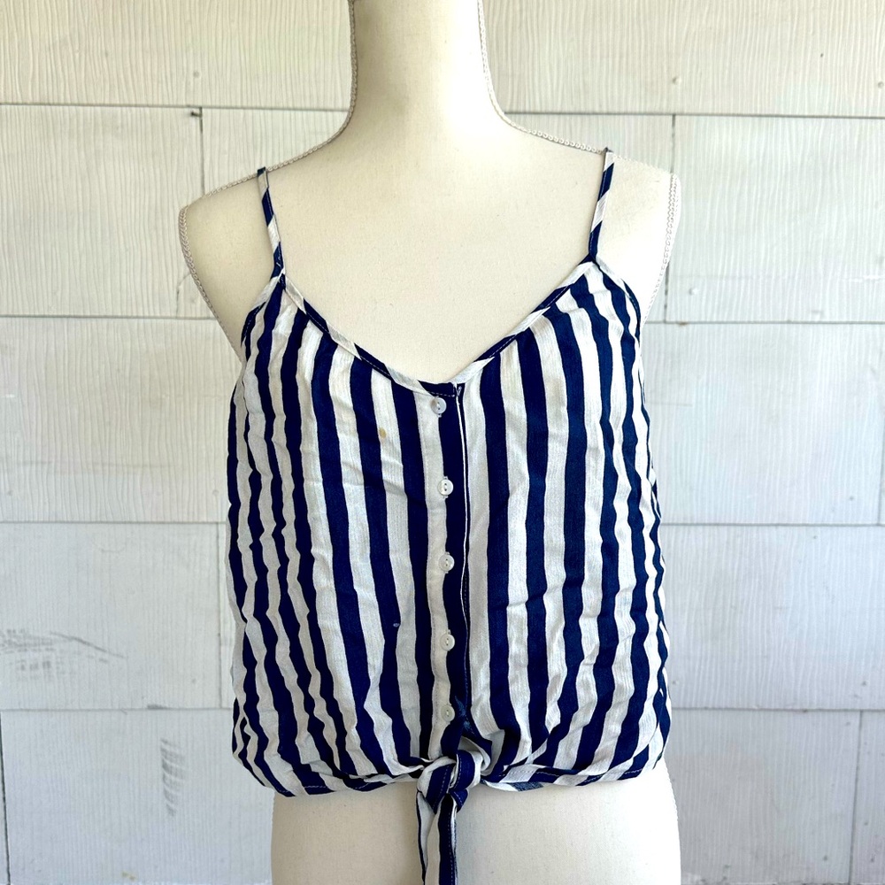 Forever 21 Striped Tank Top Tie Front White Navy Blue Buttons Nautical Large